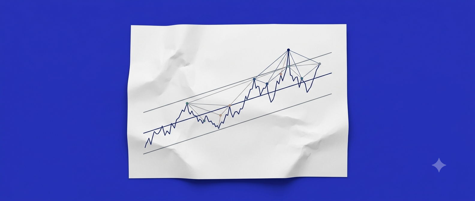 Price chart with a linear regression channel and visibility graph edges, on a crumpled paper against a blue background